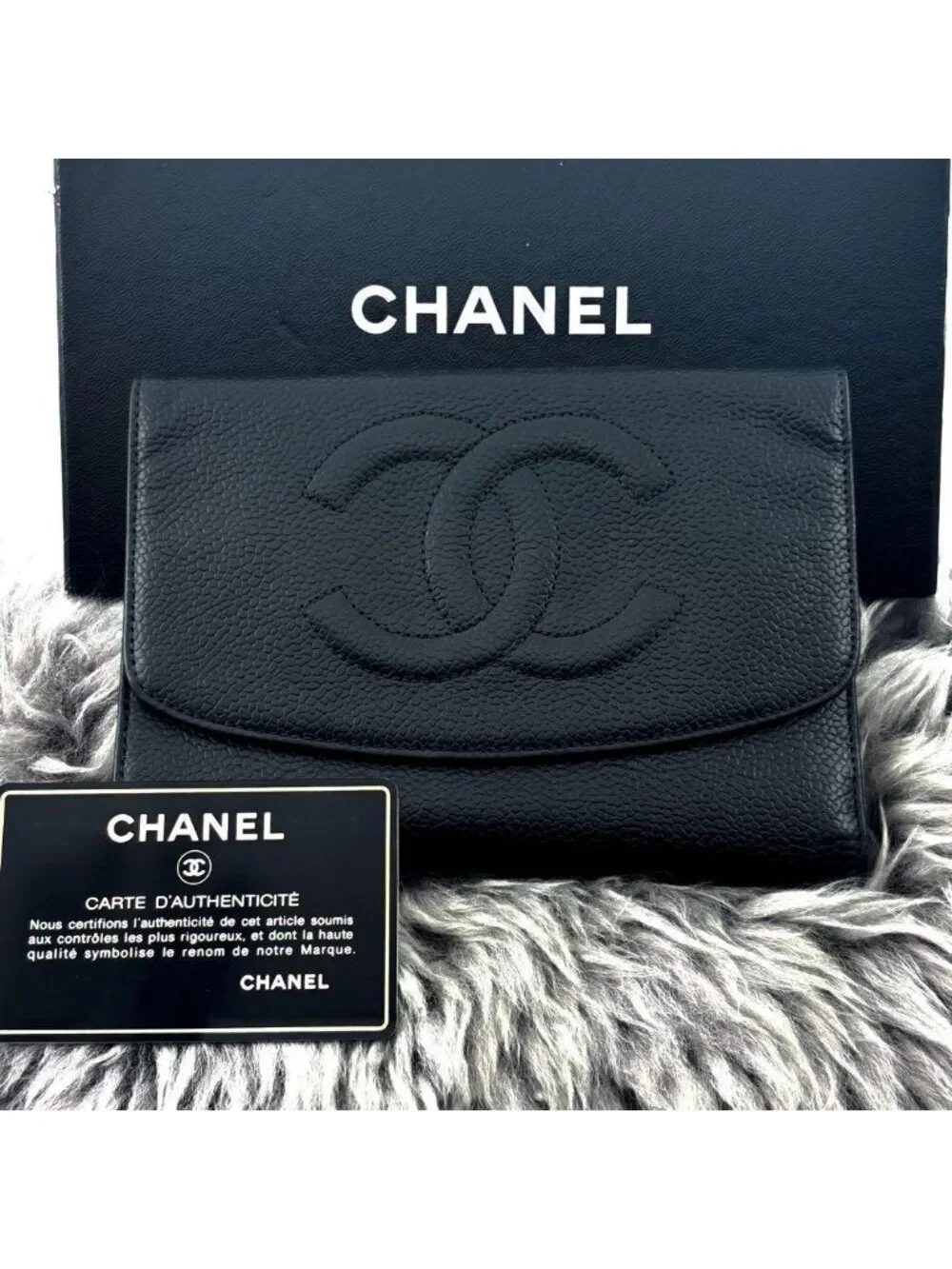 Chanel Wallet Jumbo CC Logo Caviar Trifold Round Charm Black